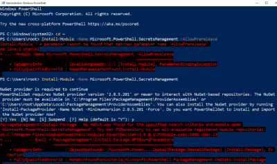 Die Installation der Preview von SecretsManagement über das Paket-Management scheitert unter Windows PowerShell 5.1. Die Installation der Preview von SecretsManagement über das Paket-Management scheitert unter Windows PowerShell 5.1.