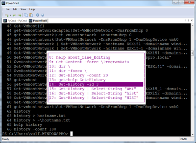 Eine einfache Möglichkeit zur Navigation in der Befehlsliste bietet sich wie bei cmd.exe über die F7-Taste. Eine einfache Möglichkeit zur Navigation in der Befehlsliste bietet sich wie bei cmd.exe über die F7-Taste.